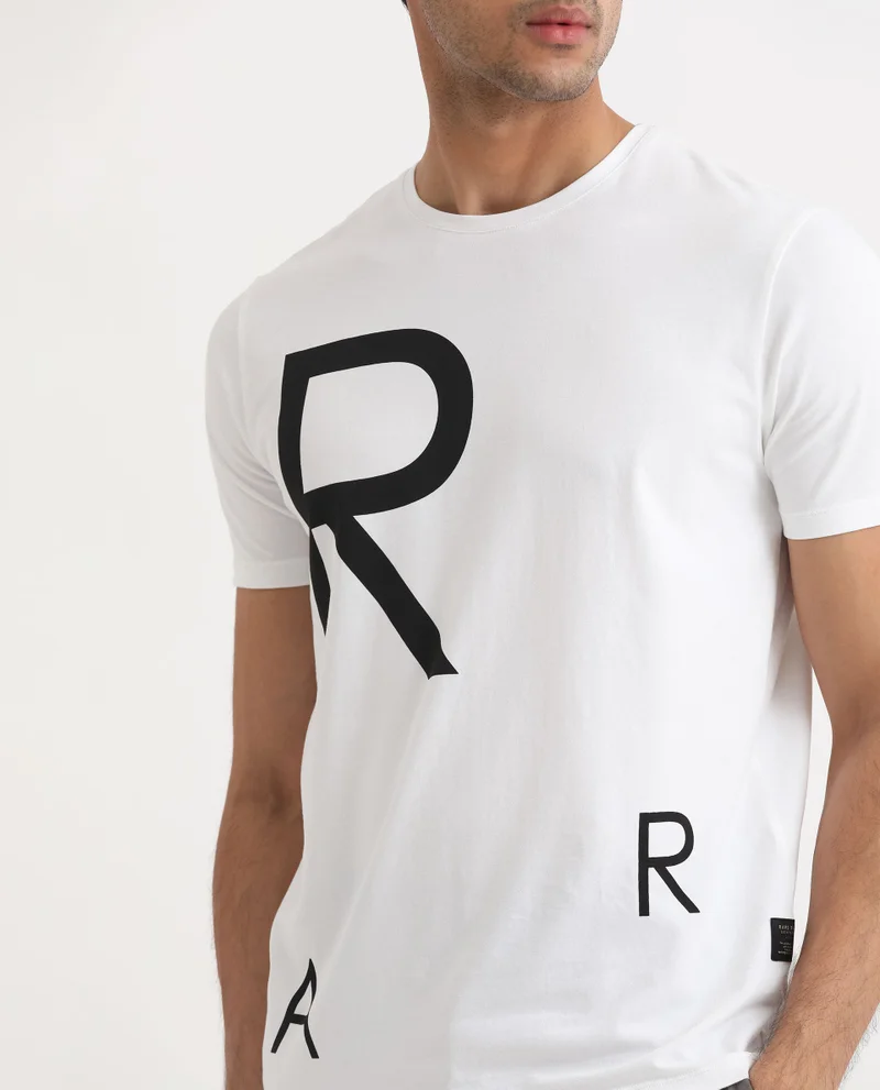 Rare Rabbit Rare Rabbit Men's Drover White Crew Neck Overall Placement Print Branding Half Sleeves T-Shirt