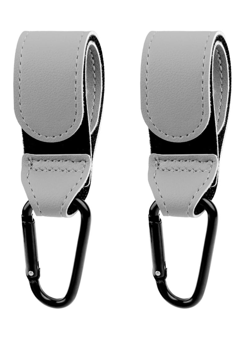 SYOSI Baby Stroller Hooks Bag Hooks for Hanging Diaper Bags Multipurpose Velcro Hooks for Grocery Shopping Bags Premium Vegan Leather Pram Straps 2 Pcs, Grey  - Image 1