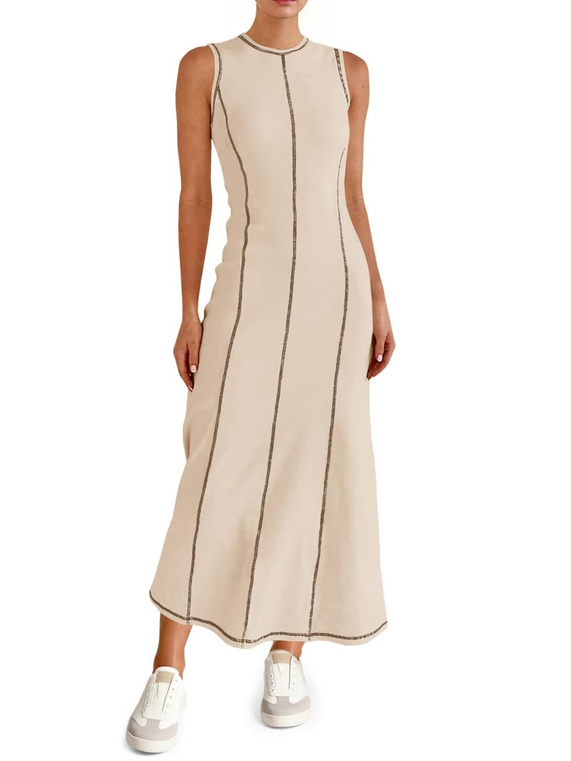 Wenrine Womens Tank Maxi Dress Sleeveless Crew Neck Knit Ribbed Summer Contrast Stitch Dresses - Image 1