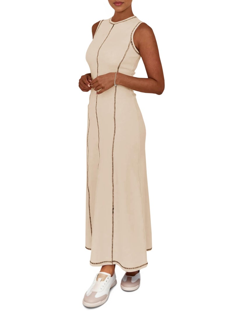 Wenrine Womens Tank Maxi Dress Sleeveless Crew Neck Knit Ribbed Summer Contrast Stitch Dresses - Image 4