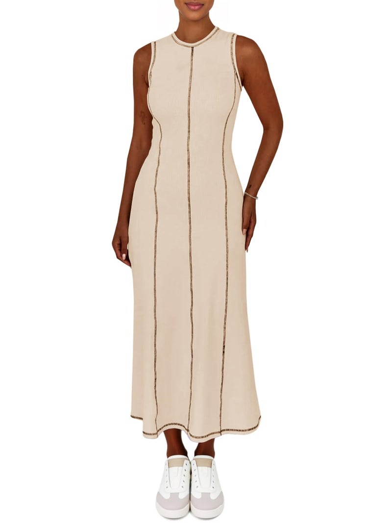Wenrine Womens Tank Maxi Dress Sleeveless Crew Neck Knit Ribbed Summer Contrast Stitch Dresses - Image 2