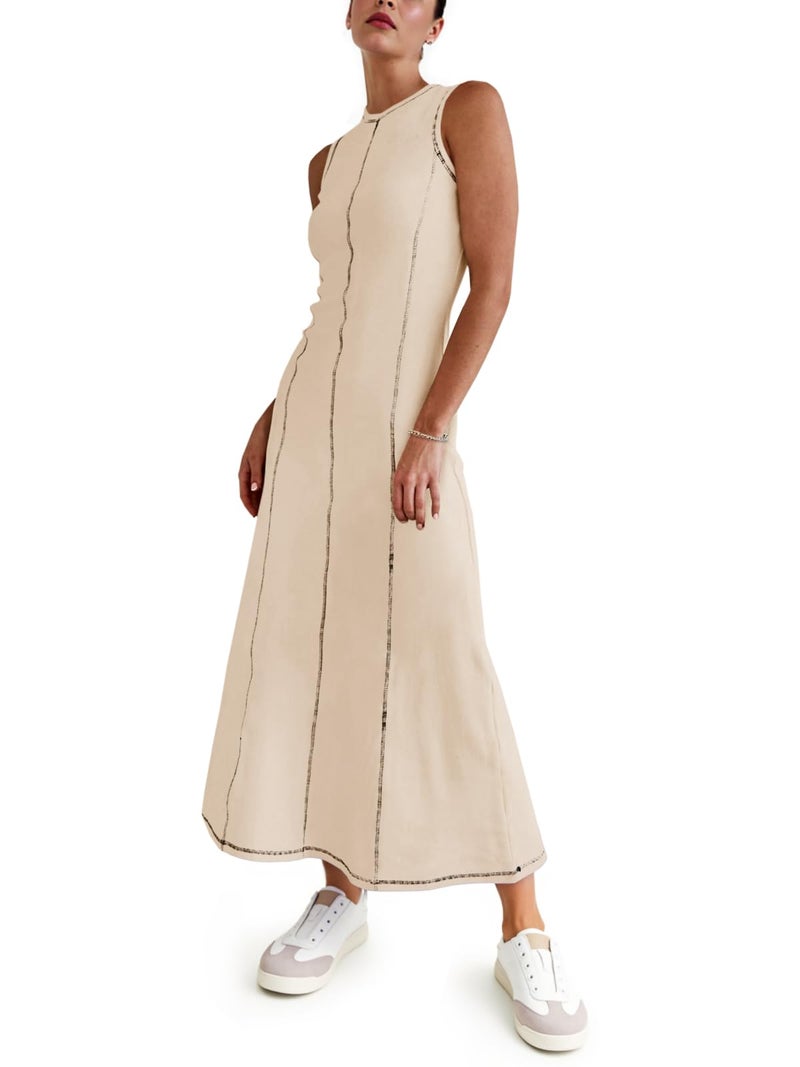 Wenrine Womens Tank Maxi Dress Sleeveless Crew Neck Knit Ribbed Summer Contrast Stitch Dresses - Image 3