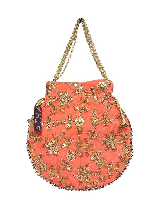 ATHZ Potli Bag Velvet Golden Work Wedding Potli for Ladies Gift for Women Handbags Traditional Indian Wristlet with Drawstring Ethnic Embroidery Women Fashion Peach - Image 5