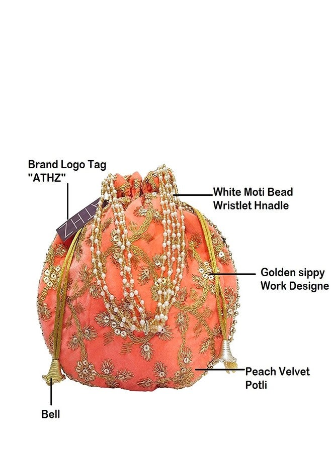 ATHZ Potli Bag Velvet Golden Work Wedding Potli for Ladies Gift for Women Handbags Traditional Indian Wristlet with Drawstring Ethnic Embroidery Women Fashion Peach - Image 2