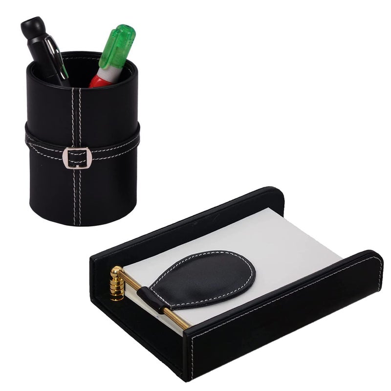 Vanquish 2 Piece Table Accessories Memo Pads Paper Holder & Stylish Pen Stand PU Leather Cube Dispenser for Office Desk Collection Organizer - Image 1