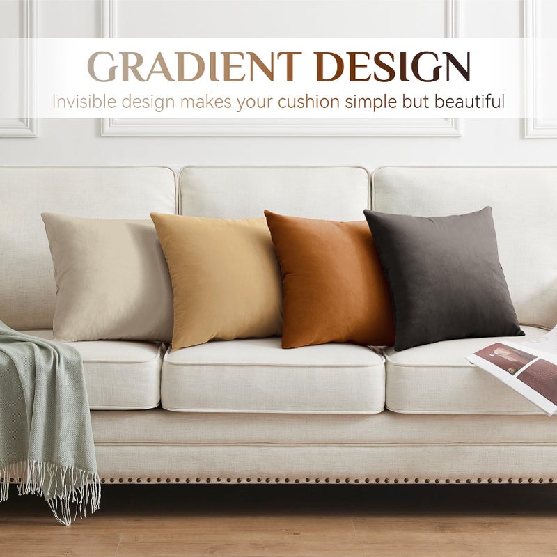 Softalker Throw Pillow Covers Set of 4, Velvet Soft Solid Colors Pillow Covers 18x18 Inch, Decorative Cushion Pillow Case for Couch Sofa Bedroom Living Room(Beige/Brown) - Image 4