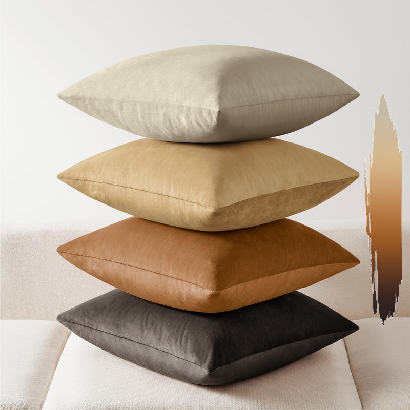 Softalker Throw Pillow Covers Set of 4, Velvet Soft Solid Colors Pillow Covers 18x18 Inch, Decorative Cushion Pillow Case for Couch Sofa Bedroom Living Room(Beige/Brown) - Image 1