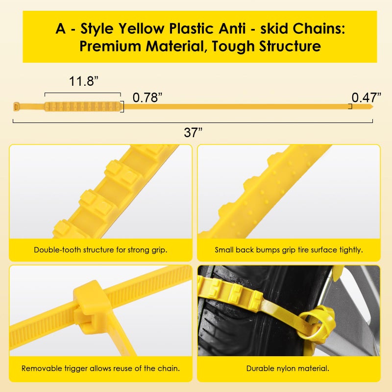 Qoosea Snow Chains 12 Pack Tire Chains for Car Trucks SUVUniversal Thickened Manganese Steel Emergency Snow Tire Chains Adjustable Anti-Slip Tire Cables Universal Fit (Yellowï¼‰ - Image 2