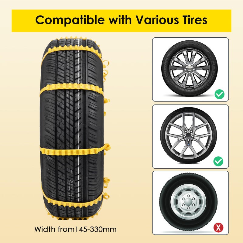 Qoosea Snow Chains 12 Pack Tire Chains for Car Trucks SUVUniversal Thickened Manganese Steel Emergency Snow Tire Chains Adjustable Anti-Slip Tire Cables Universal Fit (Yellowï¼‰ - Image 5