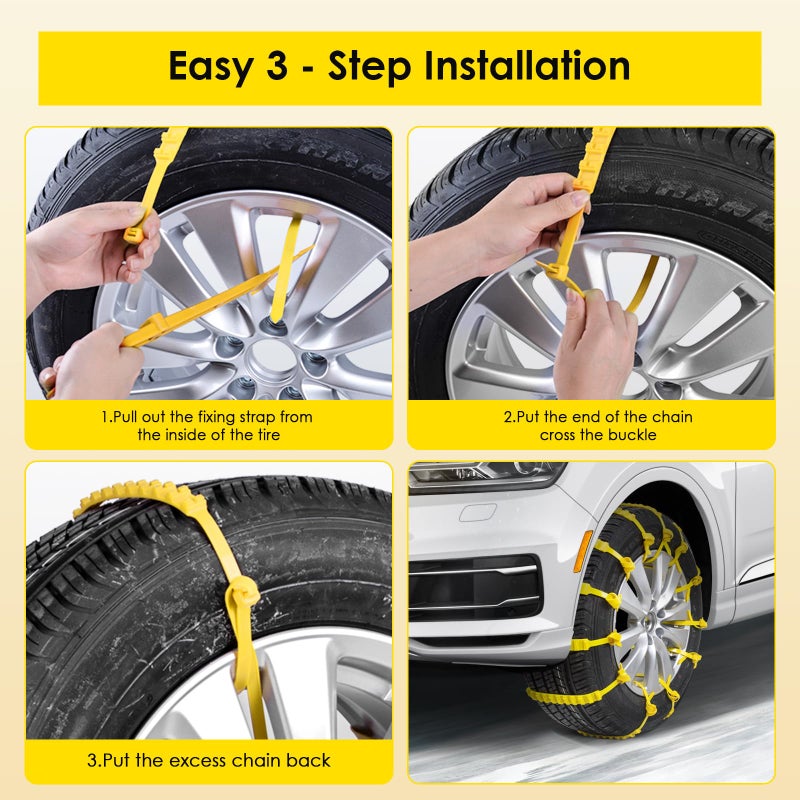 Qoosea Snow Chains 12 Pack Tire Chains for Car Trucks SUVUniversal Thickened Manganese Steel Emergency Snow Tire Chains Adjustable Anti-Slip Tire Cables Universal Fit (Yellowï¼‰ - Image 3