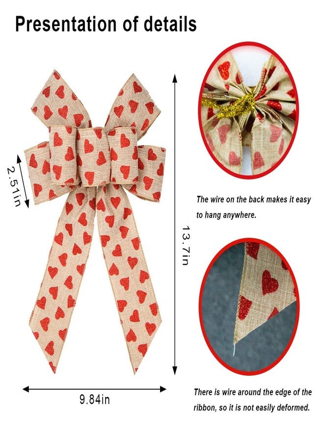 Hying 2 PCS Holiday Love Bows for Wreath, Glitter Red Heart Bows Flaxen Burlap Wreath Bows for Front Door Valentines Wedding Birthday Party Decorations - Image 2