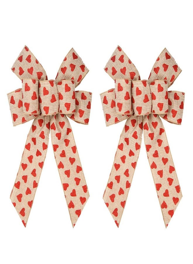 Hying 2 PCS Holiday Love Bows for Wreath, Glitter Red Heart Bows Flaxen Burlap Wreath Bows for Front Door Valentines Wedding Birthday Party Decorations - Image 1