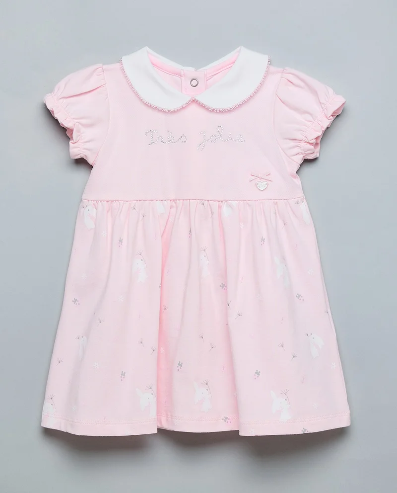 R&B Printed Knit Dress With Peter Pan Collar & Short Sleeves