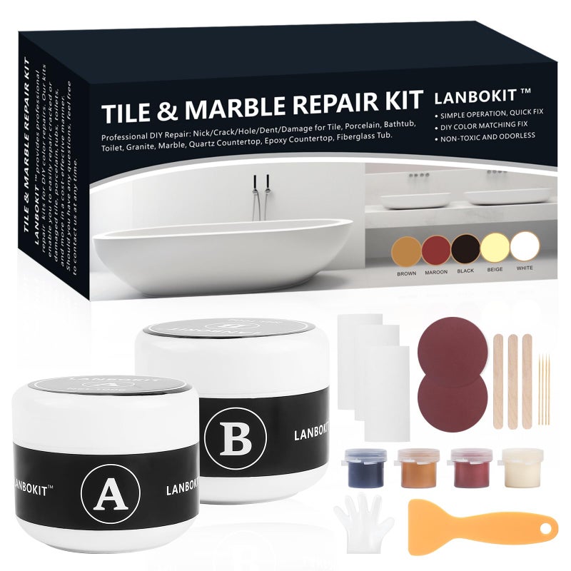 LANBOKIT Tile, Granite and Marble Repair Kit(Color Match), 3.7 OZ Tub and Fiberglass Shower Repair Kit with Strong Adhesion, Porcelain Stone Repair Kit for Cracks, Holes, Chips, Scratches, Dents - Image 1