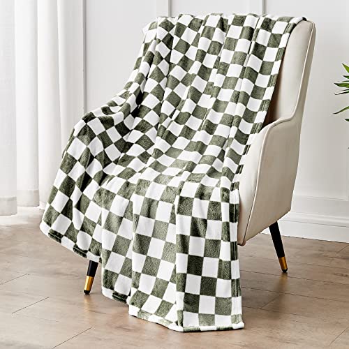 Edenleaf Checkered Blanket Flannel Throw Blankets Soft Cozy Checkered Grid Print Chessboard Gingham Pattern Throws for Bed Sofa Couch for All Seasons, 50x60 Inch, Dark Olive - Image 1