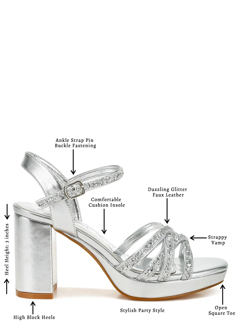 London Rag Silver Glitter Strappy Block Sandals