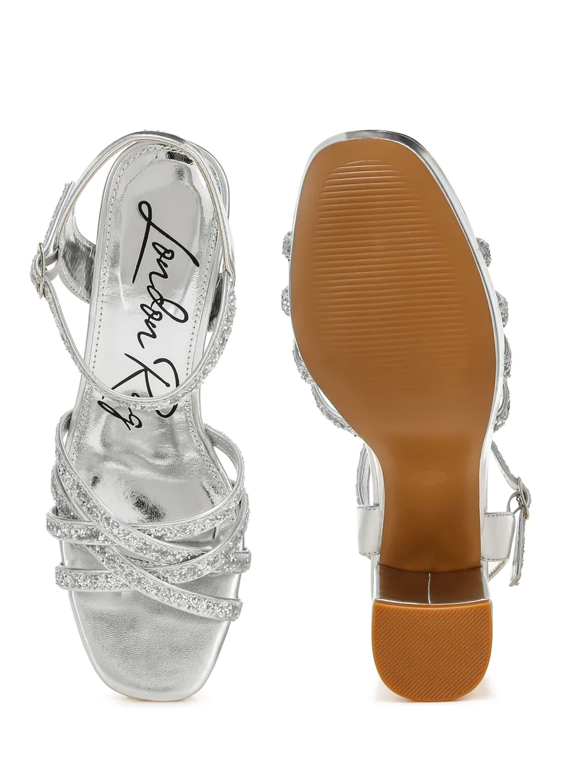 London Rag Silver Glitter Strappy Block Sandals