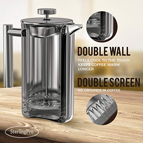 SterlingPro French Press Coffee Maker(1L)-Double Walled Large Coffee Press with 2 Extra Filters -Enjoy Granule-Free Coffee, Stylish Rust Free Kitchen Accessory-Stainless Steel (Mirror Finish, 34oz) - Image 3