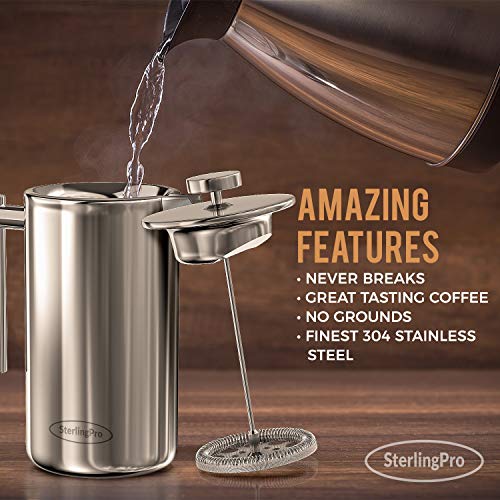 SterlingPro French Press Coffee Maker(1L)-Double Walled Large Coffee Press with 2 Extra Filters -Enjoy Granule-Free Coffee, Stylish Rust Free Kitchen Accessory-Stainless Steel (Mirror Finish, 34oz) - Image 2
