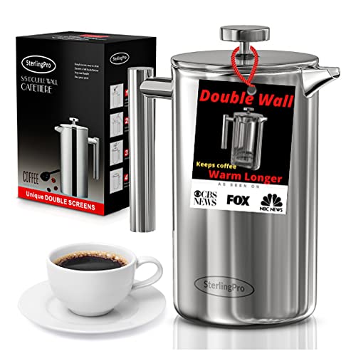 SterlingPro French Press Coffee Maker(1L)-Double Walled Large Coffee Press with 2 Extra Filters -Enjoy Granule-Free Coffee, Stylish Rust Free Kitchen Accessory-Stainless Steel (Mirror Finish, 34oz) - Image 1