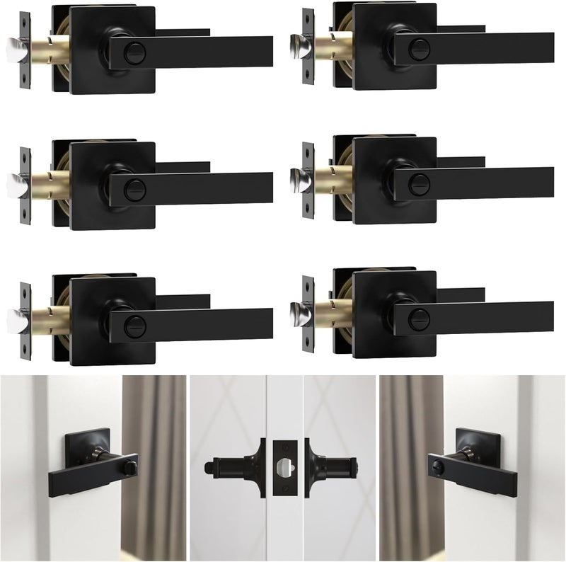 Voraus 6 Pack Matte Black Door Handles - Privacy Door Levers Set, Keyless Black Interior Door Knobs, Modern Heavy Duty Square Door Lock for Bedroom or Bathroom, Reversible for Left Right Sided Doors - Image 1