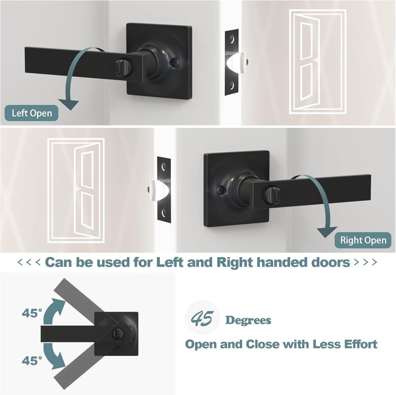 Voraus 6 Pack Matte Black Door Handles - Privacy Door Levers Set, Keyless Black Interior Door Knobs, Modern Heavy Duty Square Door Lock for Bedroom or Bathroom, Reversible for Left Right Sided Doors - Image 3