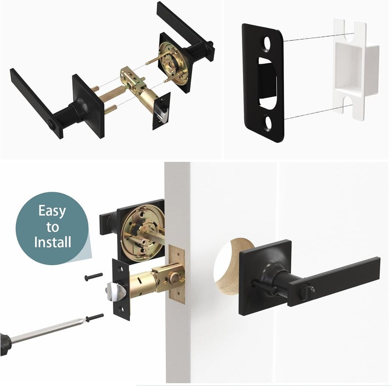 Voraus 6 Pack Matte Black Door Handles - Privacy Door Levers Set, Keyless Black Interior Door Knobs, Modern Heavy Duty Square Door Lock for Bedroom or Bathroom, Reversible for Left Right Sided Doors - Image 2