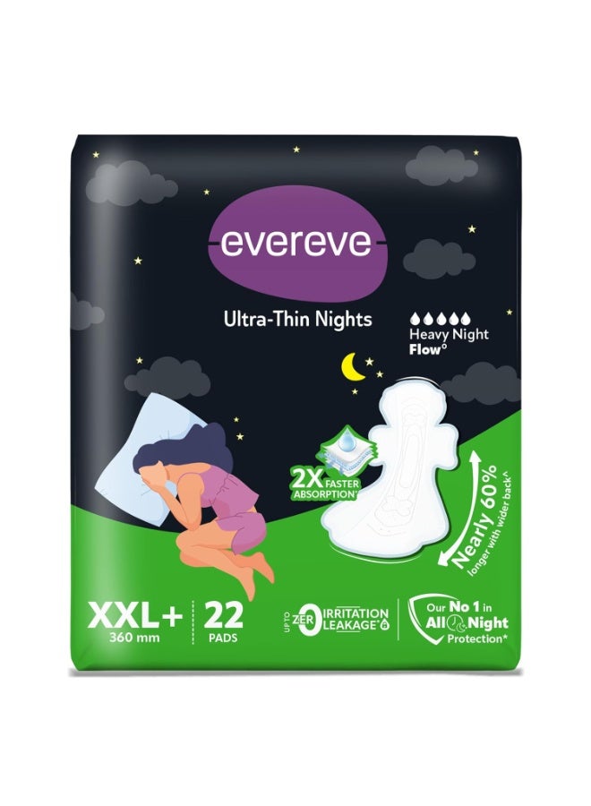 Evereve Ultra-Thin Nights Sanitary Pads for Women, XXL+ 360mm, 22 Pads, 60% Longer & Wider Back, Soft & Breathable, Rash-Free Comfort, 2X Faster Absorption, Dry Feel Protection, Heavy Flow Night Use - Image 1