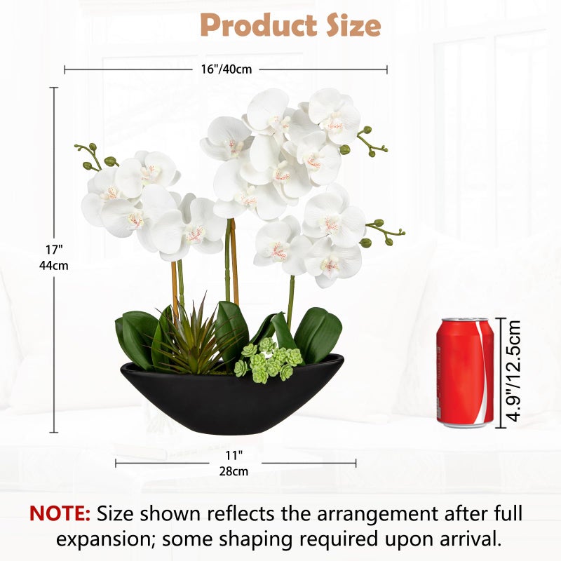 Briful Orchid Fake Flowers 17in White Artificial Orchid Silk Flowers in Black Pot Faux Orchid Arrangement for Home Office Bathroom Dining Table Modern Decoration - Image 2