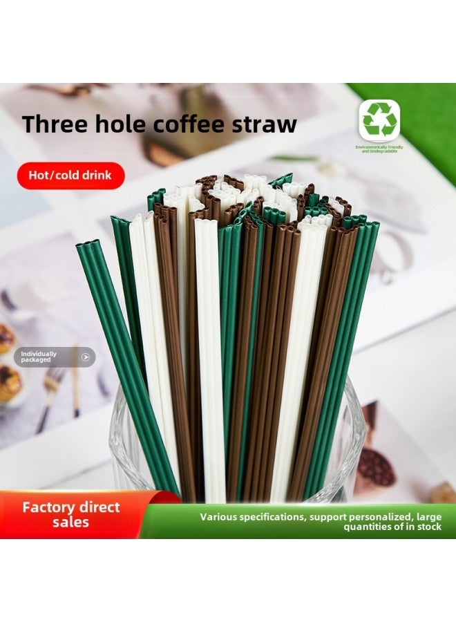 Disposable Three-hole Coffee Straw Independent Packaging Degradable PLA Hot Drink Three-quality Tube Stirring Rod Three-quality Straw-Color:Three Holes Pp-dark Green-Specifications:18cm Heat-resistant Slanted Mouth-(100 Pieces)