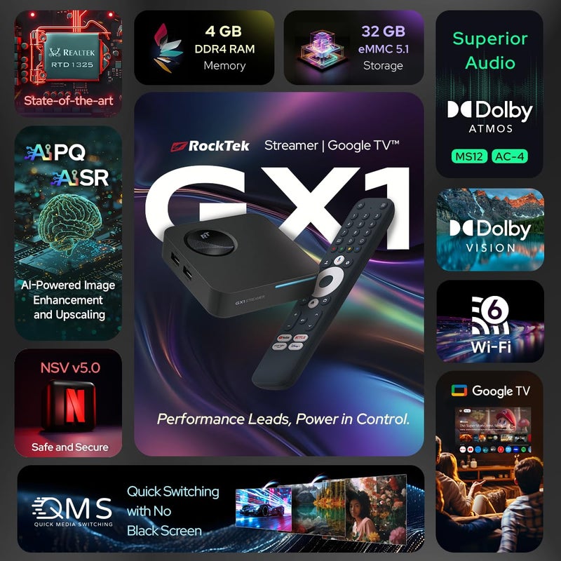 RT ROCKTEK روك تيك GX1 جهاز بث UHD - مشغل بث Google TV 4K UHD، HDR، Dolby Vision و Atmos، Wifi6 - AISR، AIPQ، QMS - شريحة Realtek RTD1325 - جهاز تحكم صوتي، تلفاز مباشر، Google Cast، التحكم في المنزل الذكي - Image 2
