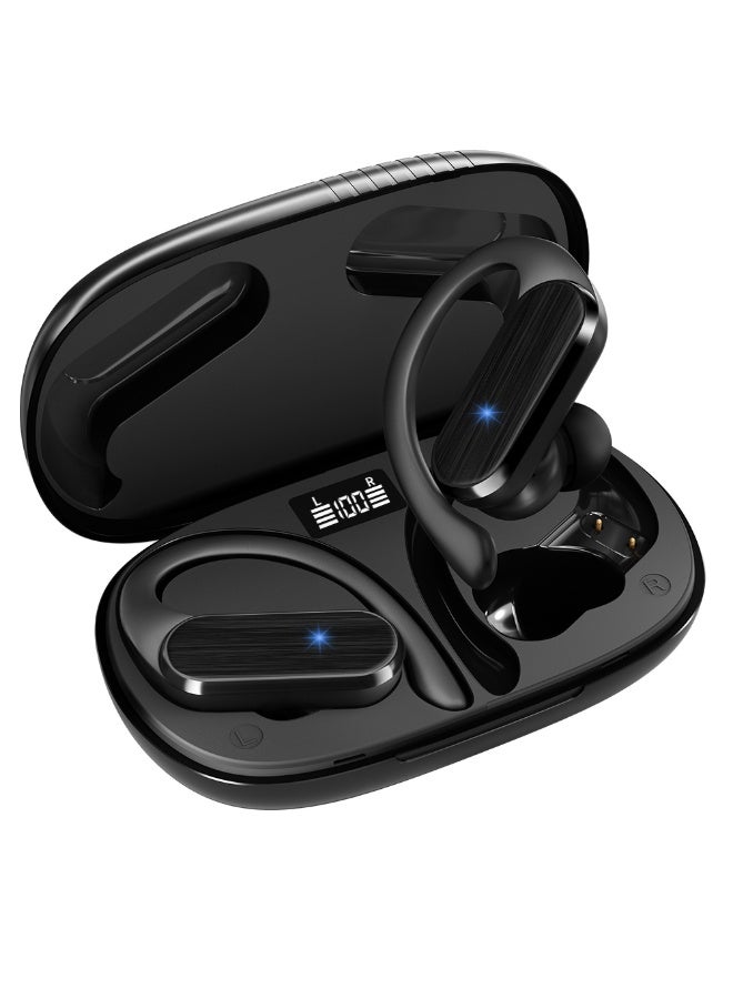 Wireless in-ear Bluetooth headphones – 48-hour battery life, IPX7 waterproof rating, with battery indicator and ear hook design; high-quality deep bass, ear hook wearing experience; suitable for TVs, mobile phones, and laptops – Black