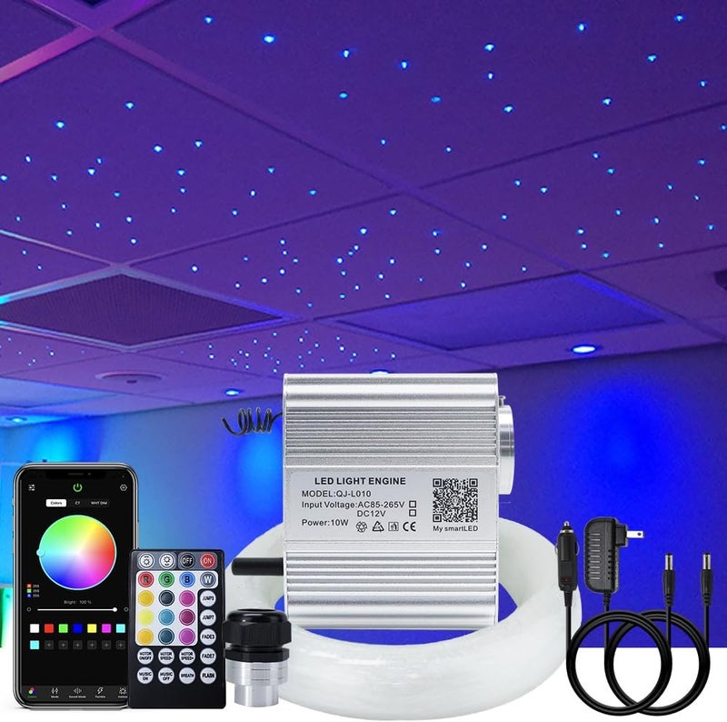 AKEPO 10W Fiber Optic Lights kit Twinkle+ APP Control + Music Effect for Star Ceiling Sky Light Car Home Use, RGBW Light Engine+Optical Fiber Cable 375pcs of 9.8ft/3m(0.03+0.04+0.06in)+28key Remote - Image 1