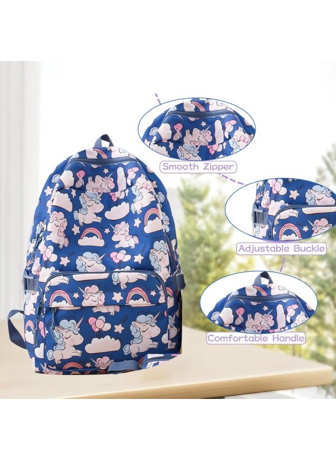 GGEROU Unicorn School Bag Backpack for Girls Boys, 3Pcs Large Schoolbag Book Bag Rucksack Backpack for School with Lunch Bag and Pencil Case for Students Teenagers Kids, Blue  - Image 2