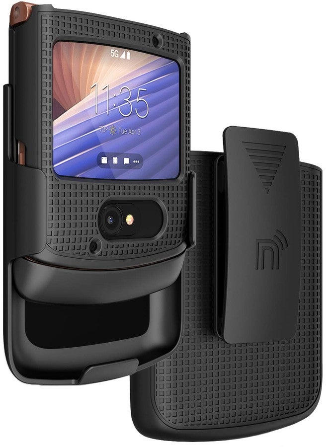 نيكيد سيل فون جراب بمشبك لهاتف موتورولا RAZR 5G القابل للطي، غطاء صلب نحيف من Nakedcellphone [أسود] مع حامل حزام [دوار/بسقاطة] لهاتف موتورولا موتو RAZR 5G القابل للطي (2020) XT2071 - Image 1