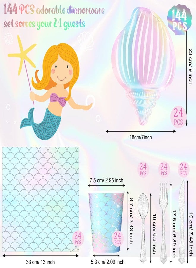 Cunhill 144 Pcs Mermaid Party Supplies Tableware Mermaids Themed Decorations Under the Sea Party Dinnerware Set Includes Plates Napkins Cups Spoons Fork Knives for Baby Shower Birthday Party(Elegant Style) - Image 2