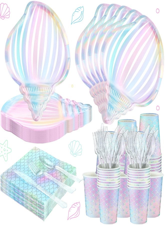 Cunhill 144 Pcs Mermaid Party Supplies Tableware Mermaids Themed Decorations Under the Sea Party Dinnerware Set Includes Plates Napkins Cups Spoons Fork Knives for Baby Shower Birthday Party(Elegant Style) - Image 1