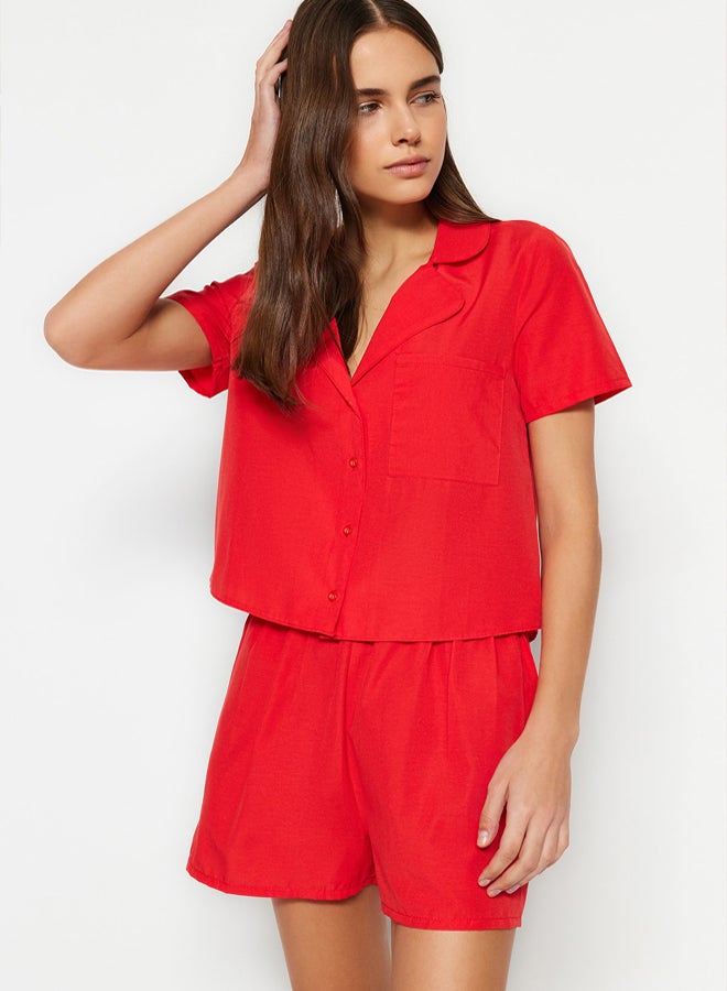 trendyol Dark Red Terrycotton Woven Pajama Set with Shorts  - Image 1