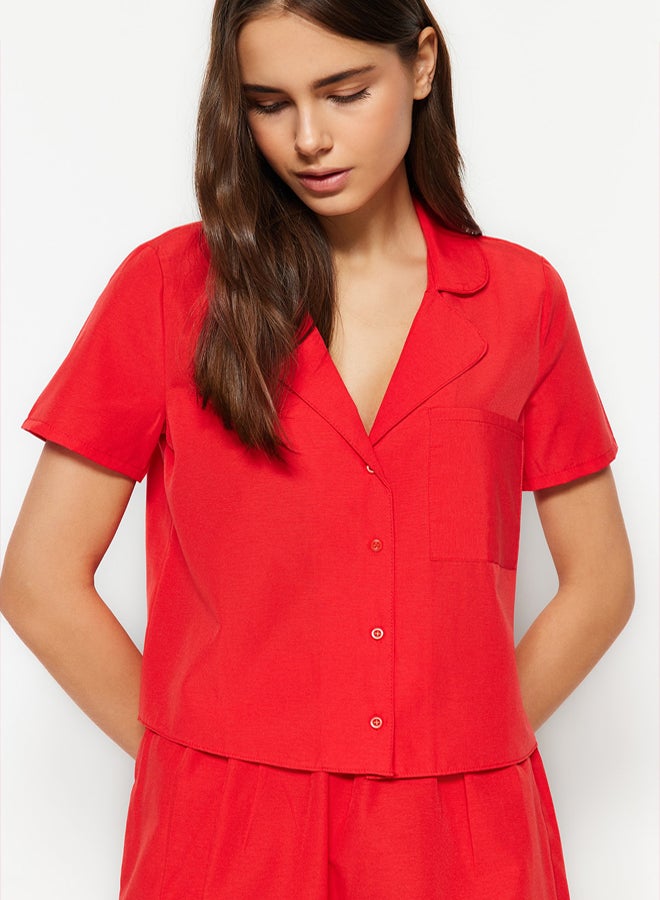 trendyol Dark Red Terrycotton Woven Pajama Set with Shorts  - Image 2