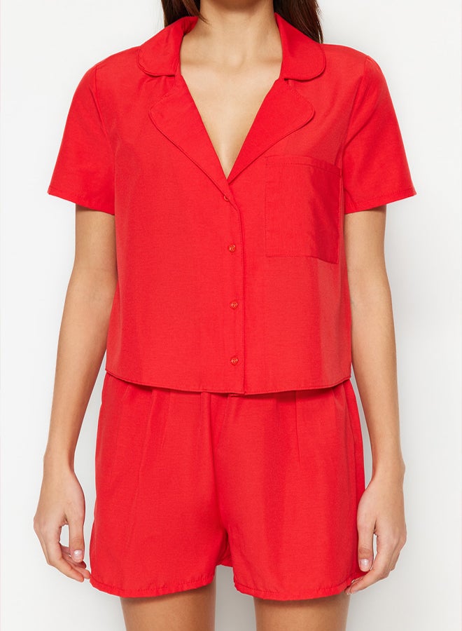 trendyol Dark Red Terrycotton Woven Pajama Set with Shorts  - Image 4