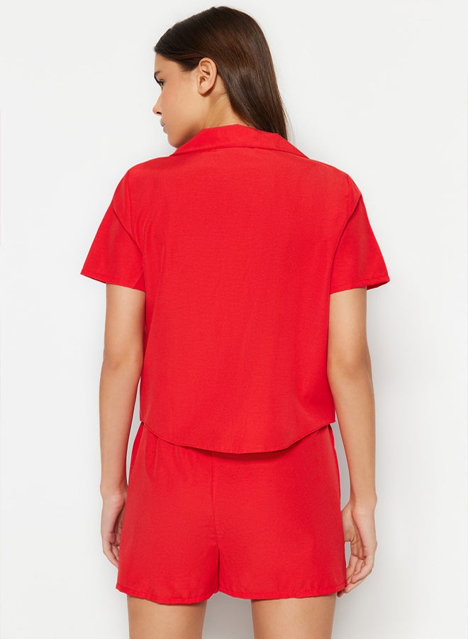 trendyol Dark Red Terrycotton Woven Pajama Set with Shorts  - Image 5
