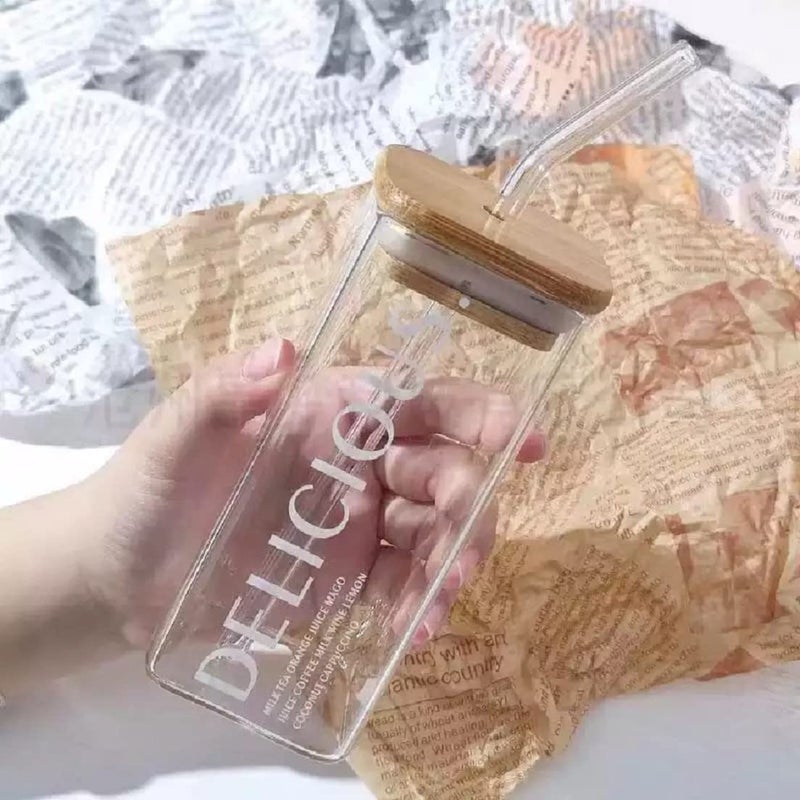 SKDBPM 1Pcs Squre Glass Sipper with Wooden Lid Glass Straw Green Tea Cold Coffee Beverage with Airtight Wooden Lid Milk Mug Sipper 320MLPack of 1 - Image 3
