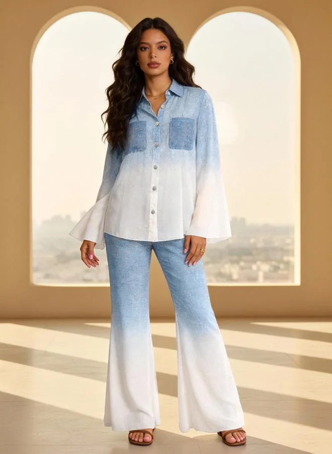 تايك تو Ombre Blue and White Wide Leg Trousers and Pocket Detail Shirt Set