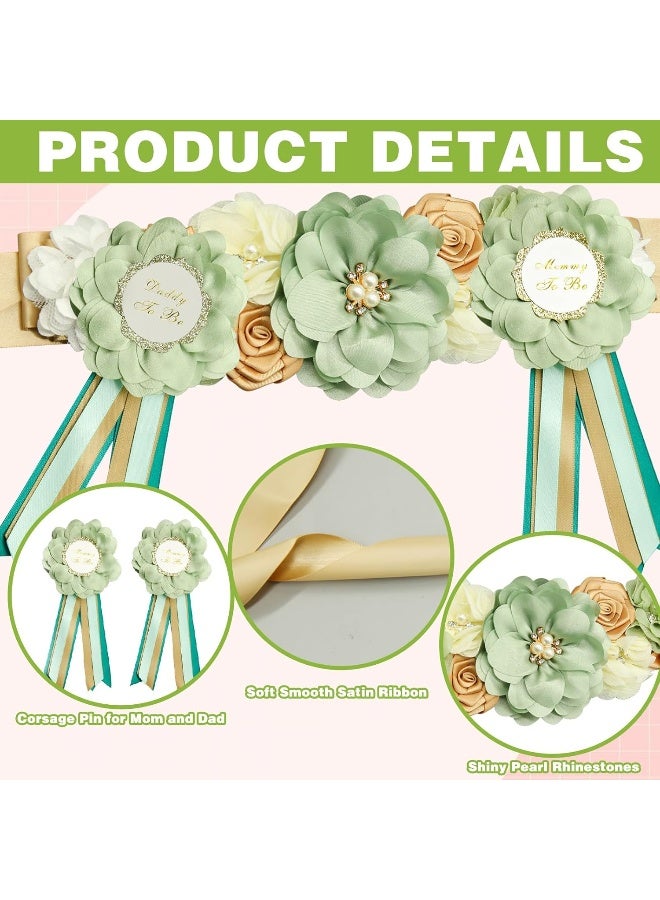 CANIPHA 3Pcs Maternity Sash Mother To Be & Daddy To Be Baby Shower Set, Green Flower Baby Shower Sash Belly Belt Decoration for Mommy Girl, Pregnancy Sash Expectant Parents Gender Reveal Party for Baby Shower  - Image 2