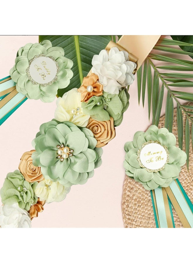 CANIPHA 3Pcs Maternity Sash Mother To Be & Daddy To Be Baby Shower Set, Green Flower Baby Shower Sash Belly Belt Decoration for Mommy Girl, Pregnancy Sash Expectant Parents Gender Reveal Party for Baby Shower  - Image 3
