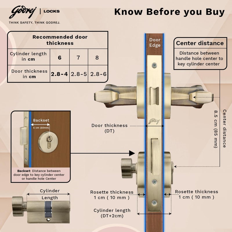 Godrej Locking Solutions and Systems Godrej Mortise LockHandle Lock Set for Main Bedroom DoorHDH 09 Rossette Home Dcor HandleMatte Antique Brass Finish9 Inch Lockbody80 mm 1CK Cylinder Knob from Inside 3 Keys 5 Y Warranty  - Image 4