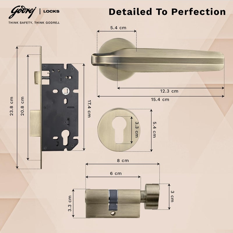 Godrej Locking Solutions and Systems Godrej Mortise LockHandle Lock Set for Main Bedroom DoorHDH 09 Rossette Home Dcor HandleMatte Antique Brass Finish9 Inch Lockbody80 mm 1CK Cylinder Knob from Inside 3 Keys 5 Y Warranty  - Image 5