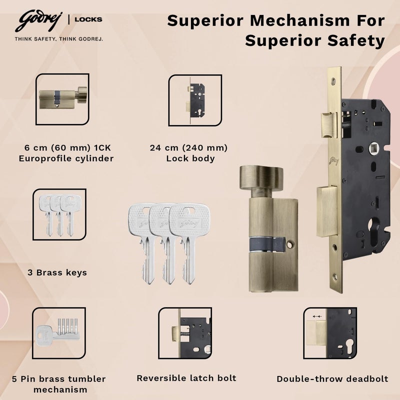 Godrej Locking Solutions and Systems Godrej Mortise LockHandle Lock Set for Main Bedroom DoorHDH 09 Rossette Home Dcor HandleMatte Antique Brass Finish9 Inch Lockbody80 mm 1CK Cylinder Knob from Inside 3 Keys 5 Y Warranty  - Image 3