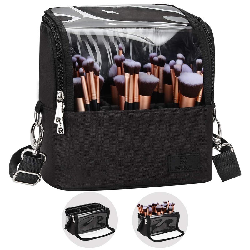 TANTO Makeup Brush Case Stand-up Makeup Cup Travel Professional Cosmetic Bag Artist Storage Bag Large Makeup Brush Bag with Adjustable Divider (Large, Black) - Image 1