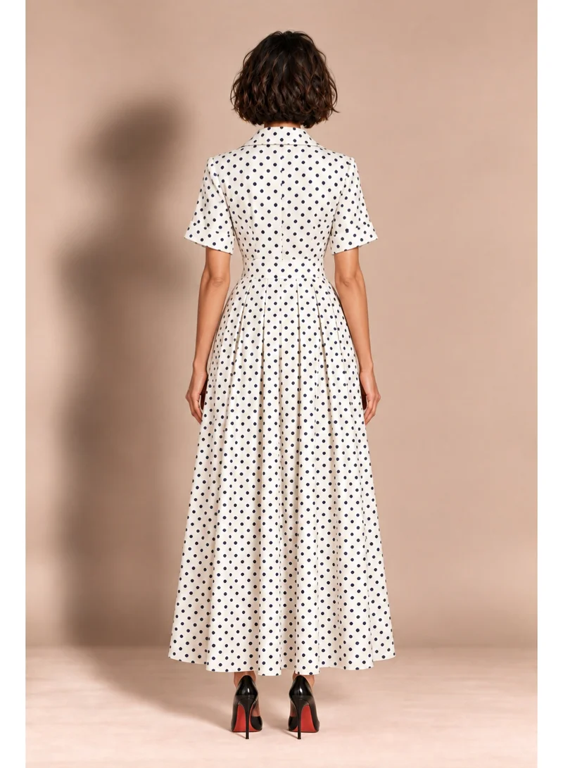 2Trendy Women's White Polka Dot Maxi Dress with Lapel Collar and Short Sleeves